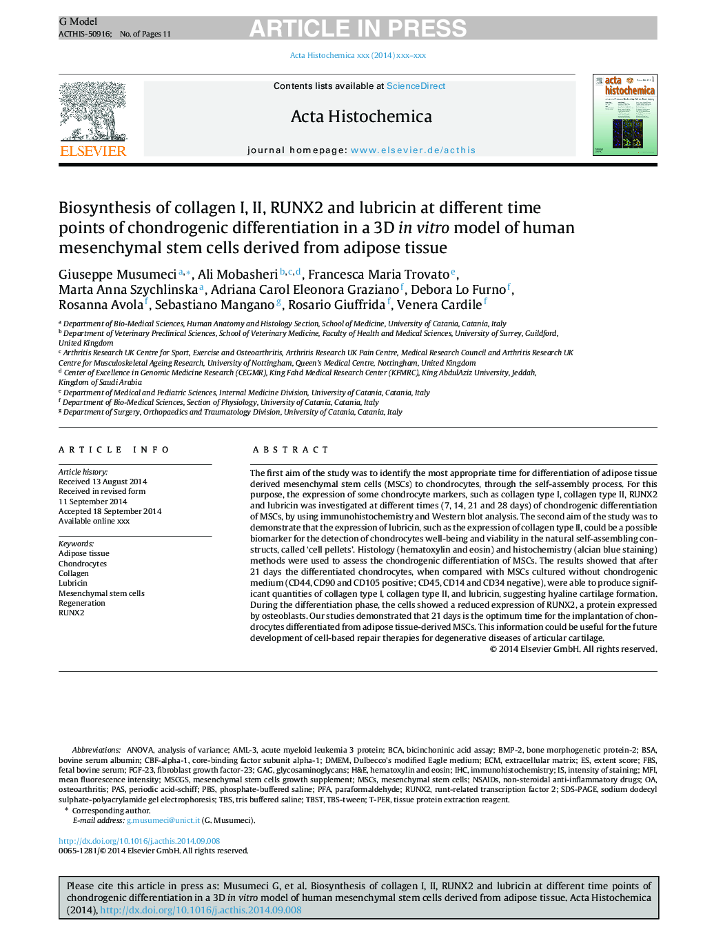عکس صفحه اول مقاله: Biosynthesis of collagen I, II, RUNX2 and lubricin at different time points of chondrogenic differentiation in a 3D in vitro model of human mesenchymal stem cells derived from adipose tissue Biosynthesis of collagen I, II, RUNX2 and lubricin at different time points of chondrogenic differentiation in a 3D in vitro model of human mesenchymal stem cells derived from adipose tissue