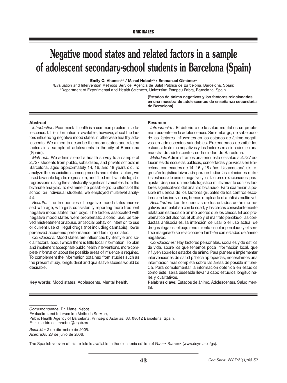 Negative mood states and related factors in a sample of adolescent secondary-school students in Barcelona (Spain) 