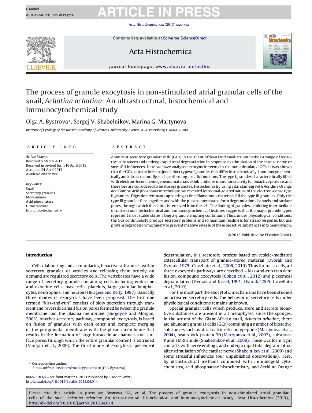 The process of granule exocytosis in non-stimulated atrial granular cells of the snail, Achatina achatina: An ultrastructural, histochemical and immunocytochemical study