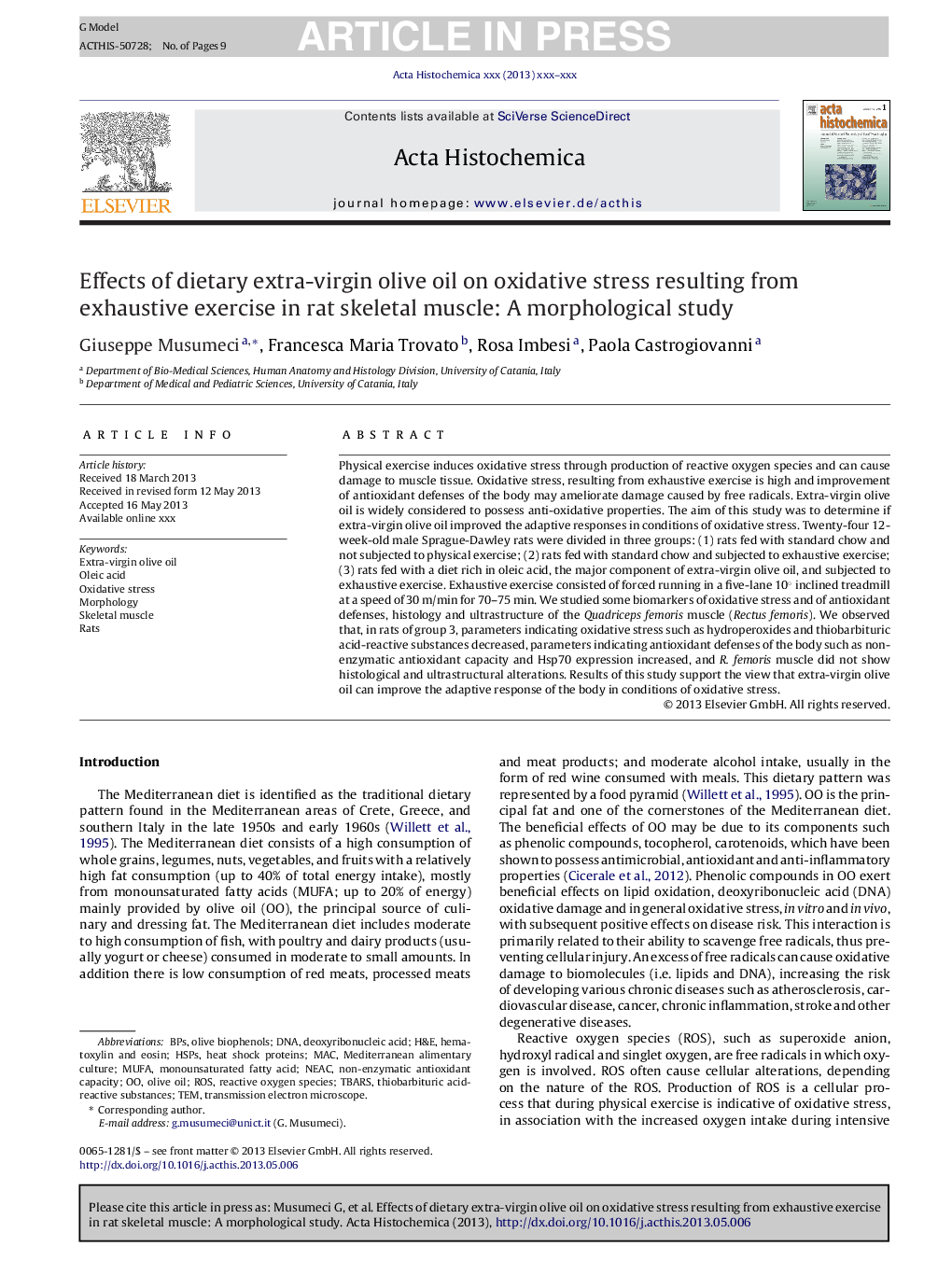 Effects of dietary extra-virgin olive oil on oxidative stress resulting from exhaustive exercise in rat skeletal muscle: A morphological study