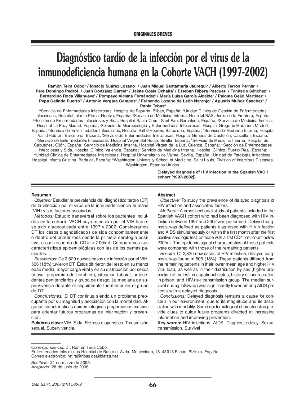 عکس صفحه اول مقاله: Diagnóstico tardío de la infección por el virus de la inmunodeficiencia humana en la Cohorte VACH (1997-2002) Diagnóstico tardío de la infección por el virus de la inmunodeficiencia humana en la Cohorte VACH (1997-2002)