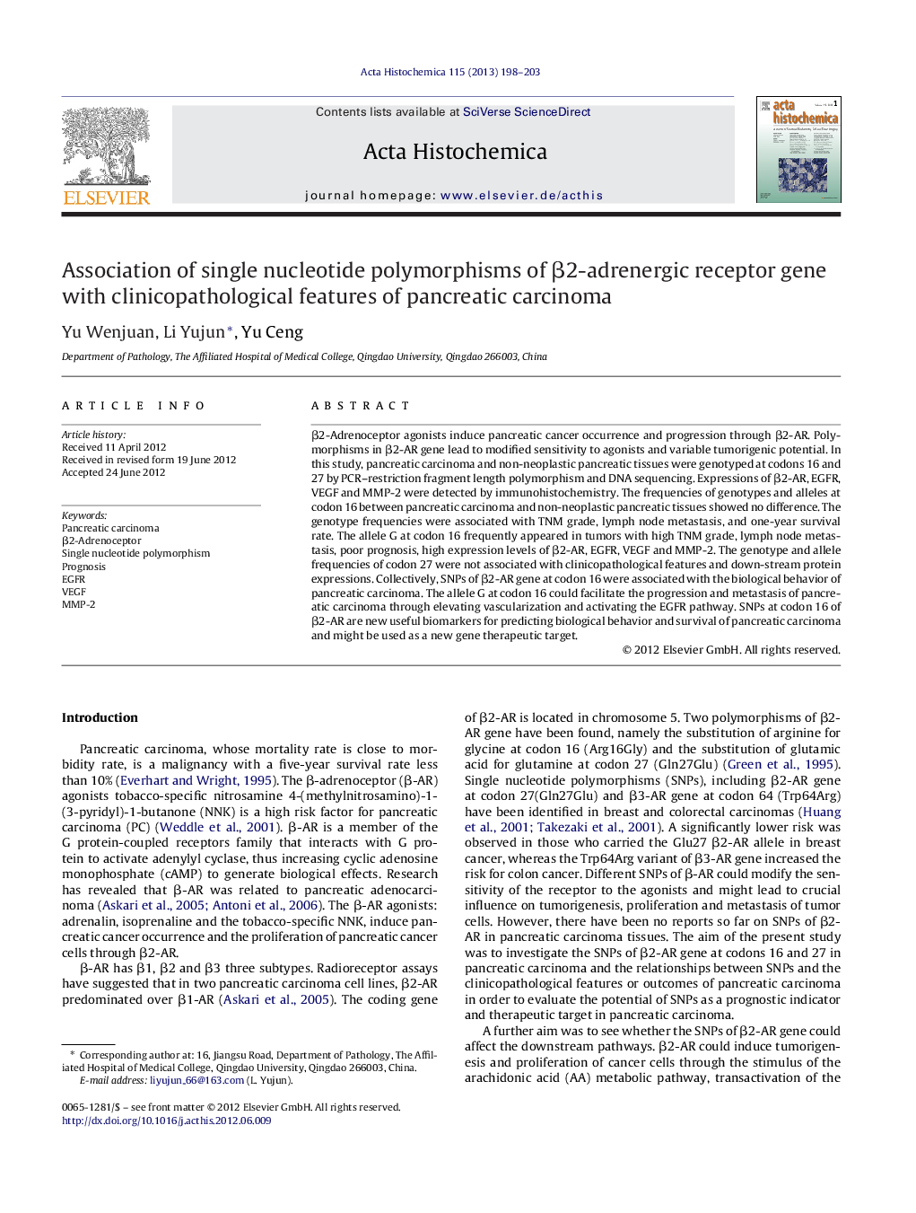 Association of single nucleotide polymorphisms of Î²2-adrenergic receptor gene with clinicopathological features of pancreatic carcinoma