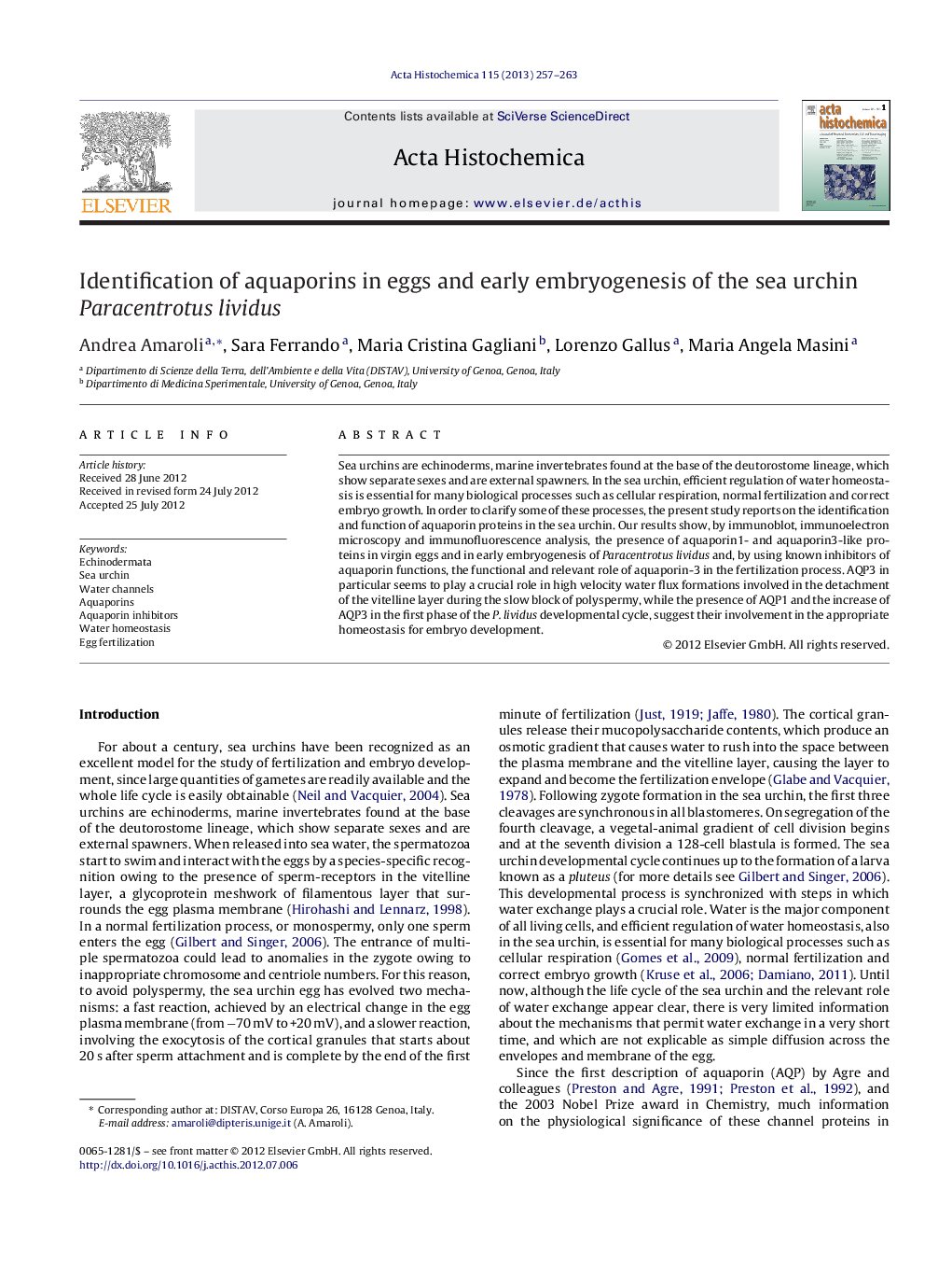 Identification of aquaporins in eggs and early embryogenesis of the sea urchin Paracentrotus lividus