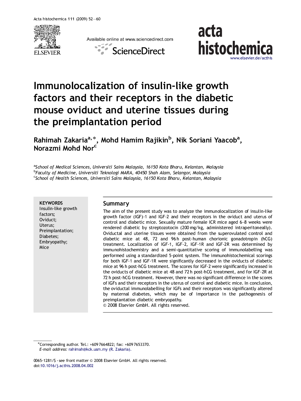 Immunolocalization of insulin-like growth factors and their receptors in the diabetic mouse oviduct and uterine tissues during the preimplantation period