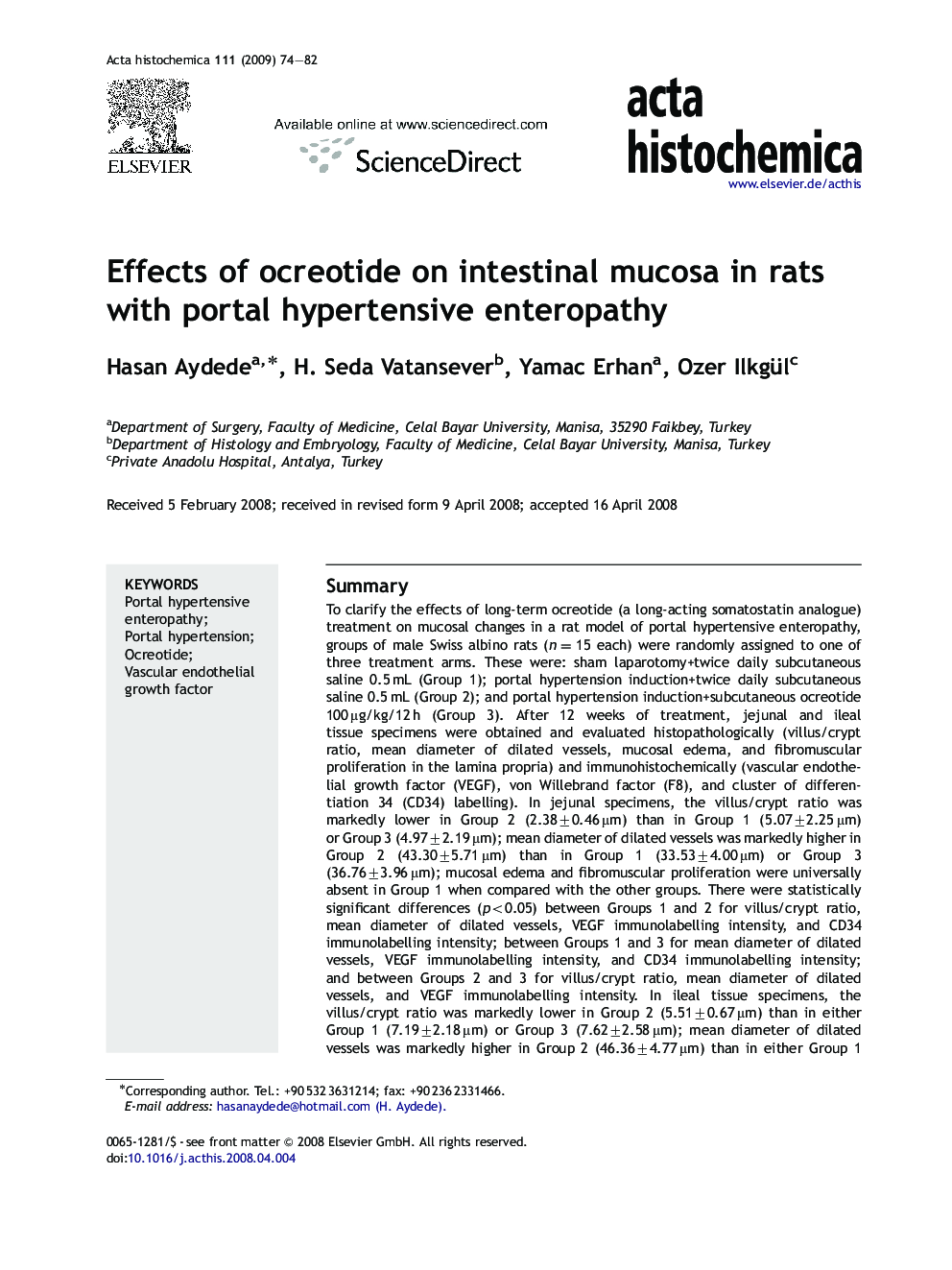 عکس صفحه اول مقاله: Effects of ocreotide on intestinal mucosa in rats with portal hypertensive enteropathy Effects of ocreotide on intestinal mucosa in rats with portal hypertensive enteropathy
