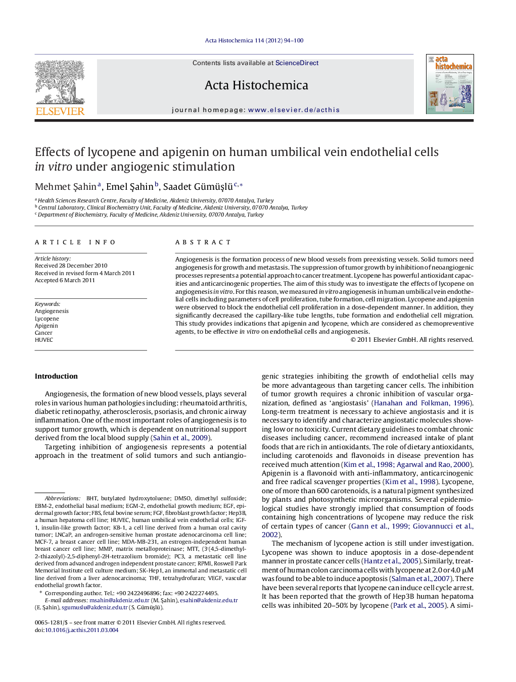 Effects of lycopene and apigenin on human umbilical vein endothelial cells in vitro under angiogenic stimulation