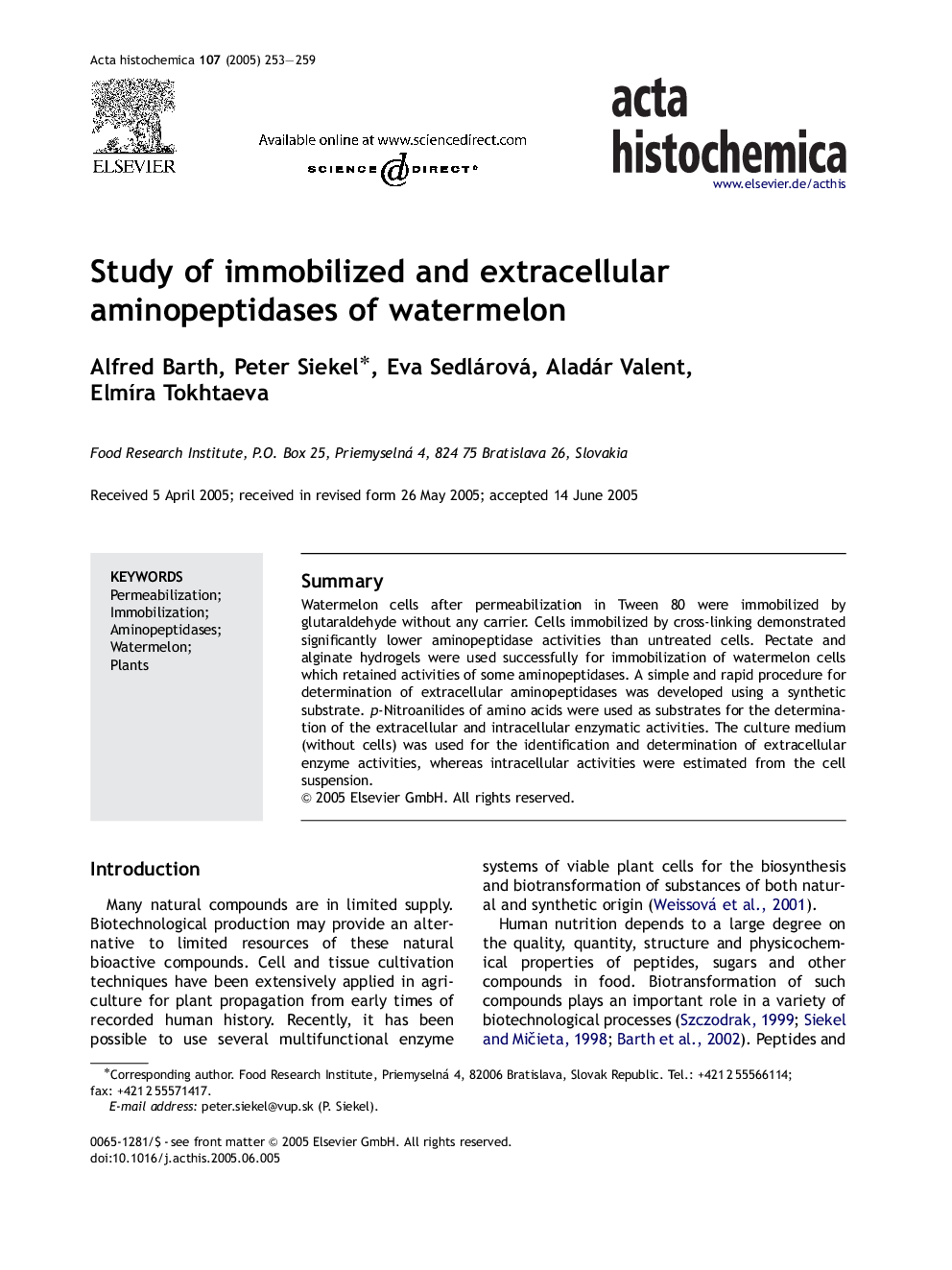 Study of immobilized and extracellular aminopeptidases of watermelon