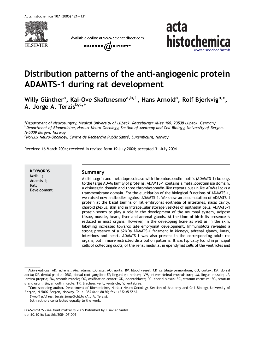 Distribution patterns of the anti-angiogenic protein ADAMTS-1 during rat development