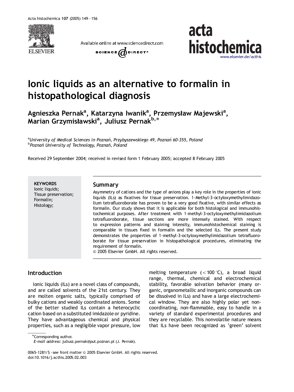 Ionic liquids as an alternative to formalin in histopathological diagnosis