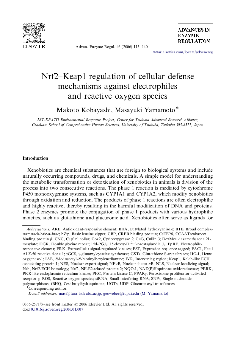 Nrf2-Keap1 regulation of cellular defense mechanisms against electrophiles and reactive oxygen species
