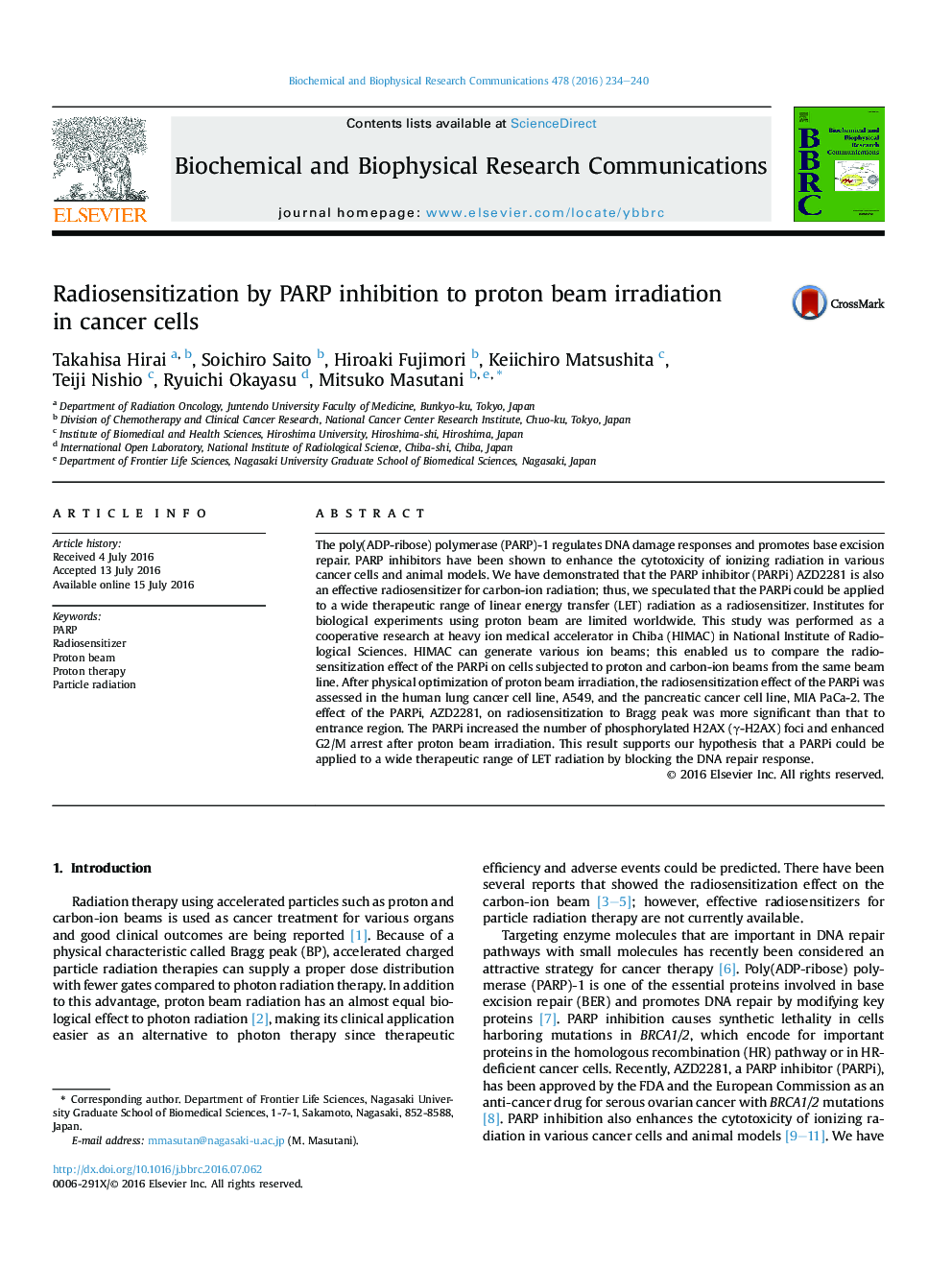 Radiosensitization by PARP inhibition to proton beam irradiation inÂ cancer cells