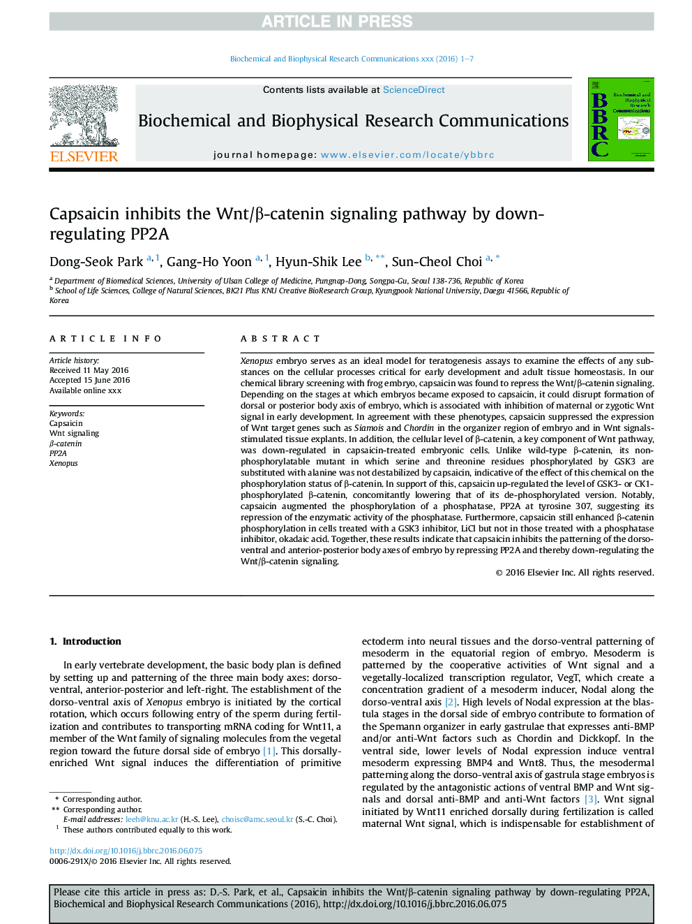 Capsaicin inhibits the Wnt/Î²-catenin signaling pathway by down-regulating PP2A