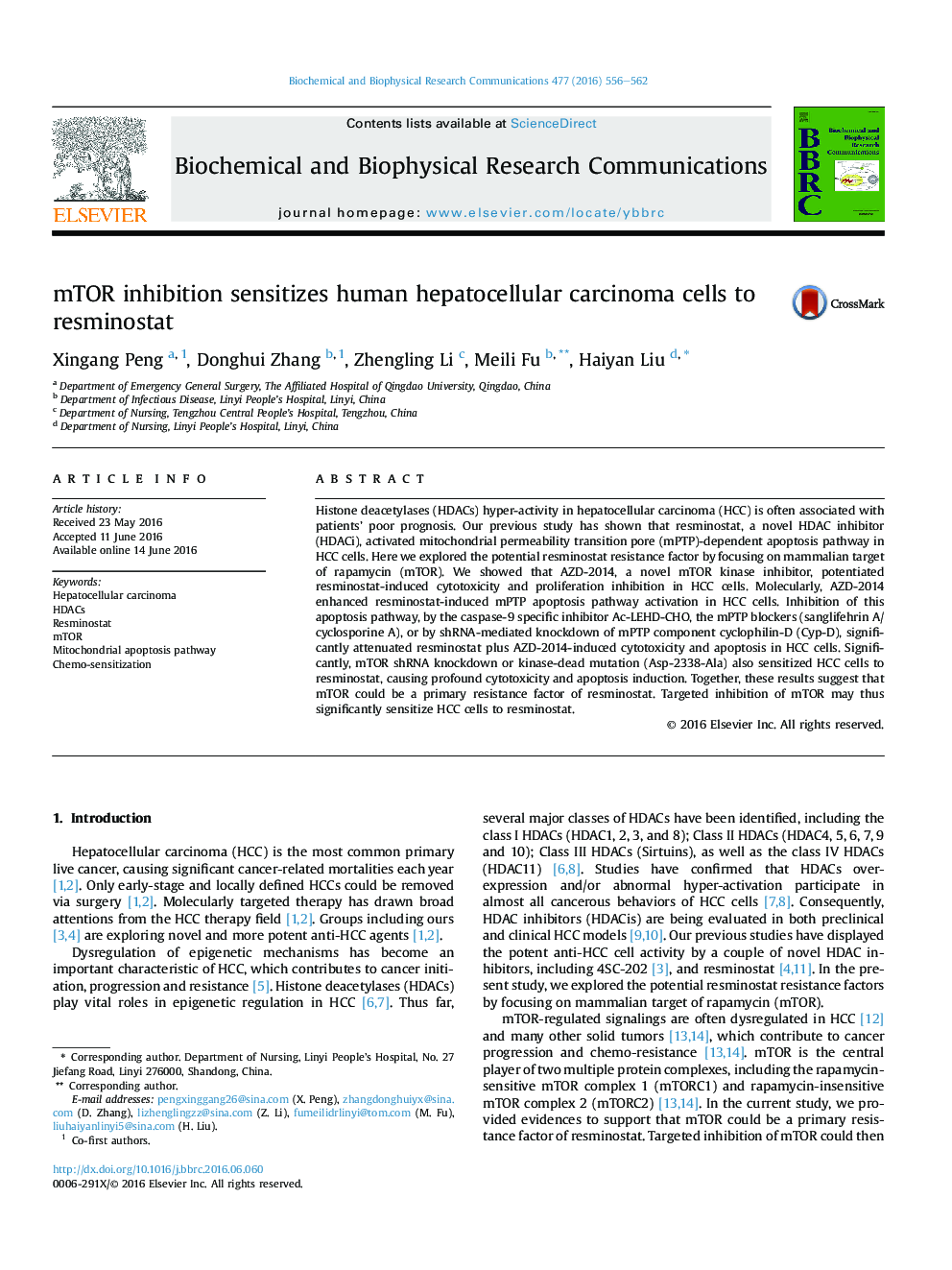 mTOR inhibition sensitizes human hepatocellular carcinoma cells to resminostat