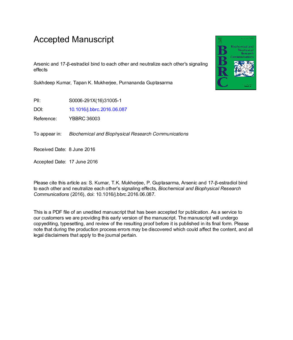 Arsenic and 17-Î²-estradiol bind to each other and neutralize each other's signaling effects