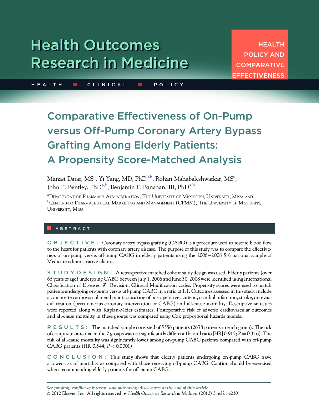 Comparative Effectiveness of On-Pump versus Off-Pump Coronary Artery Bypass Grafting Among Elderly Patients: A Propensity Score-Matched Analysis 