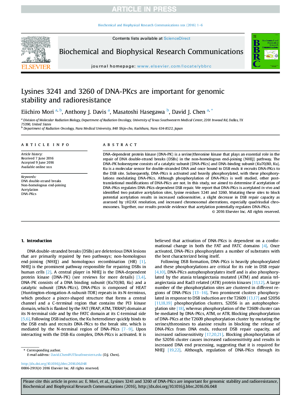 Lysines 3241 and 3260 of DNA-PKcs are important for genomic stability and radioresistance