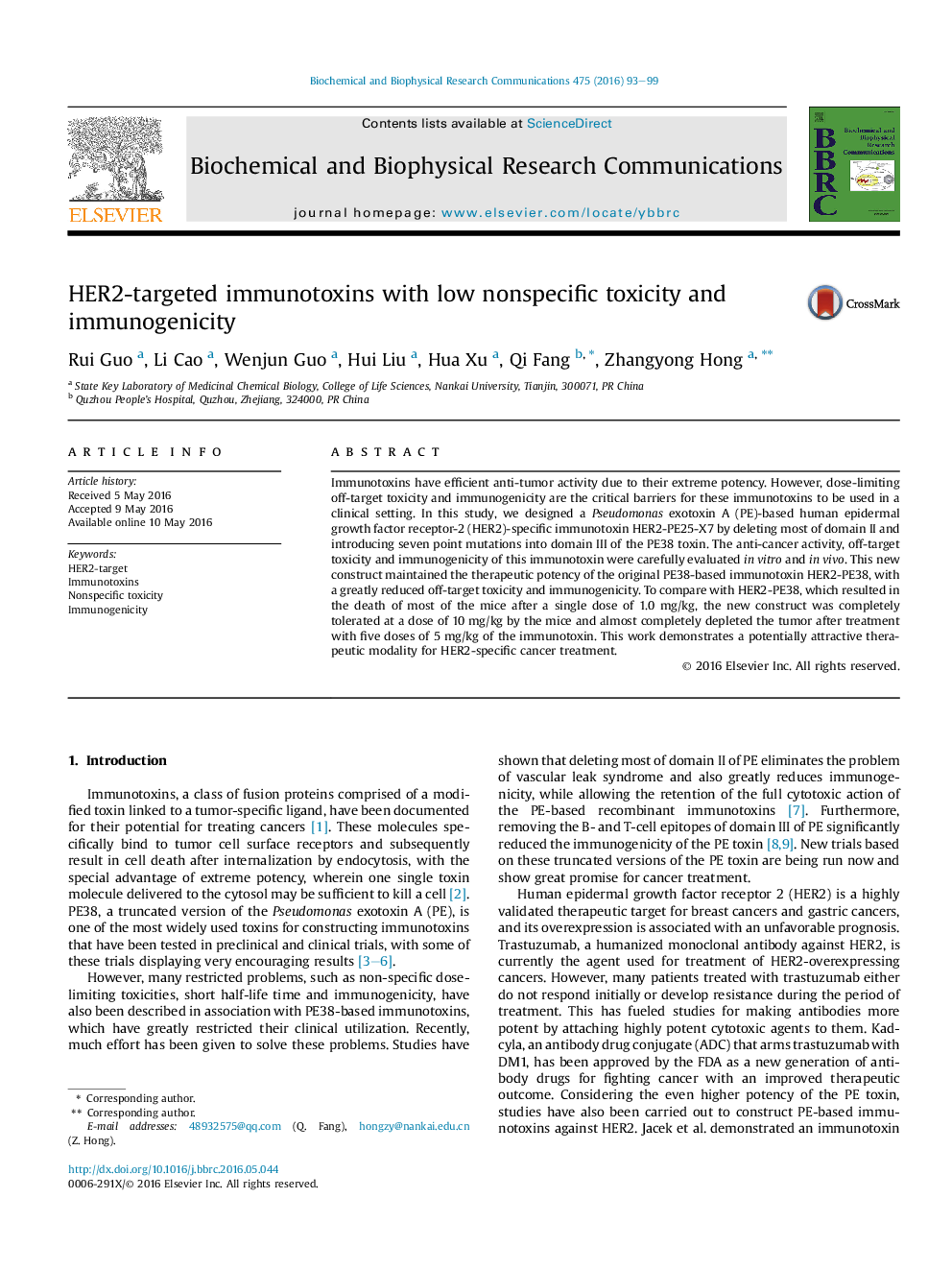 HER2-targeted immunotoxins with low nonspecific toxicity and immunogenicity