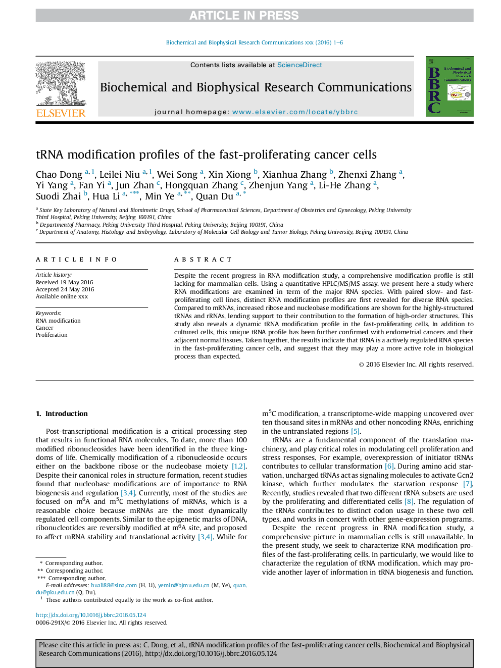 tRNA modification profiles of the fast-proliferating cancer cells