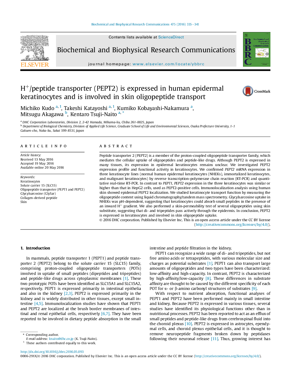 H+/peptide transporter (PEPT2) is expressed in human epidermal keratinocytes and is involved in skin oligopeptide transport