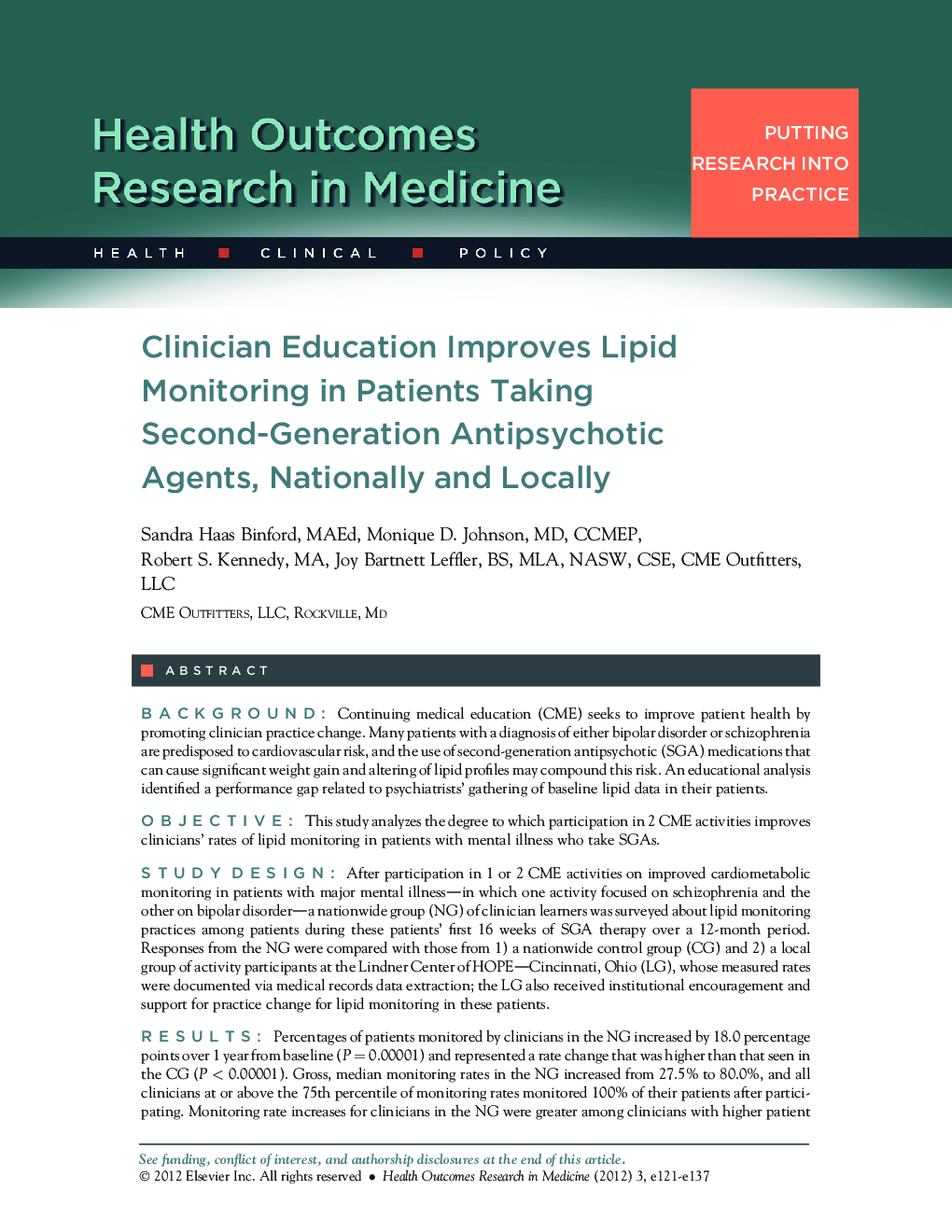 Clinician Education Improves Lipid Monitoring in Patients Taking Second-Generation Antipsychotic Agents, Nationally and Locally 
