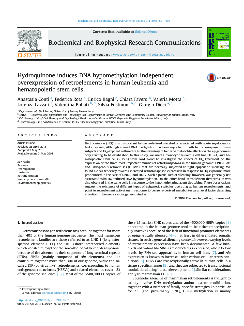 Hydroquinone induces DNA hypomethylation-independent overexpression of retroelements in human leukemia and hematopoietic stem cells