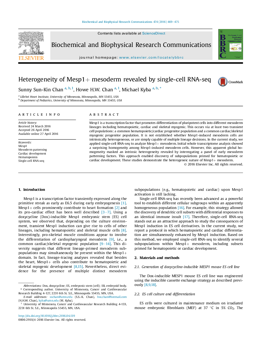 Heterogeneity of Mesp1+ mesoderm revealed by single-cell RNA-seq