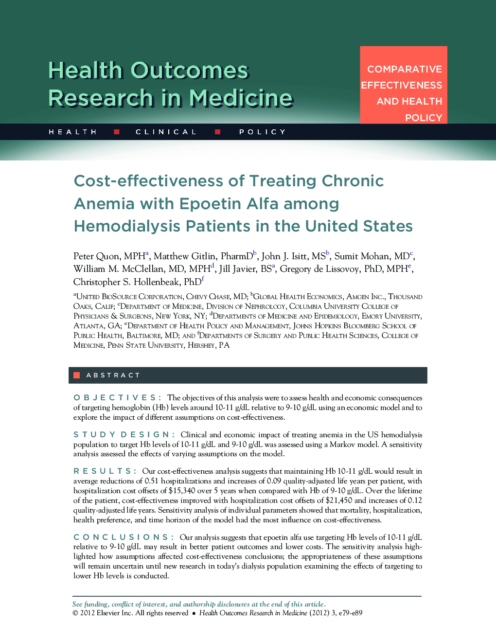 Cost-effectiveness of Treating Chronic Anemia with Epoetin Alfa among Hemodialysis Patients in the United States 