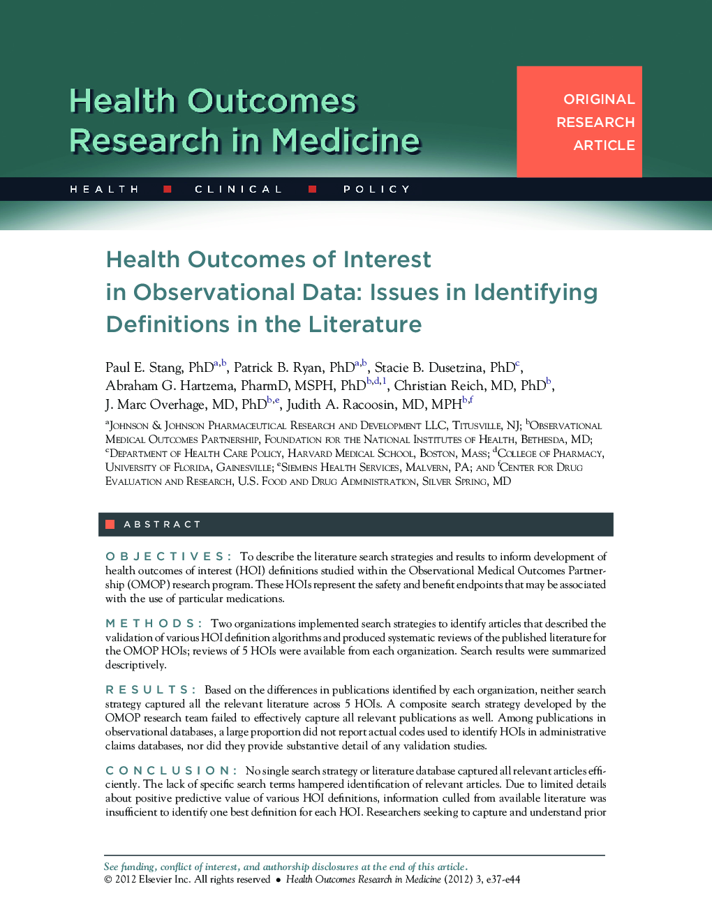 Health Outcomes of Interest in Observational Data: Issues in Identifying Definitions in the Literature 