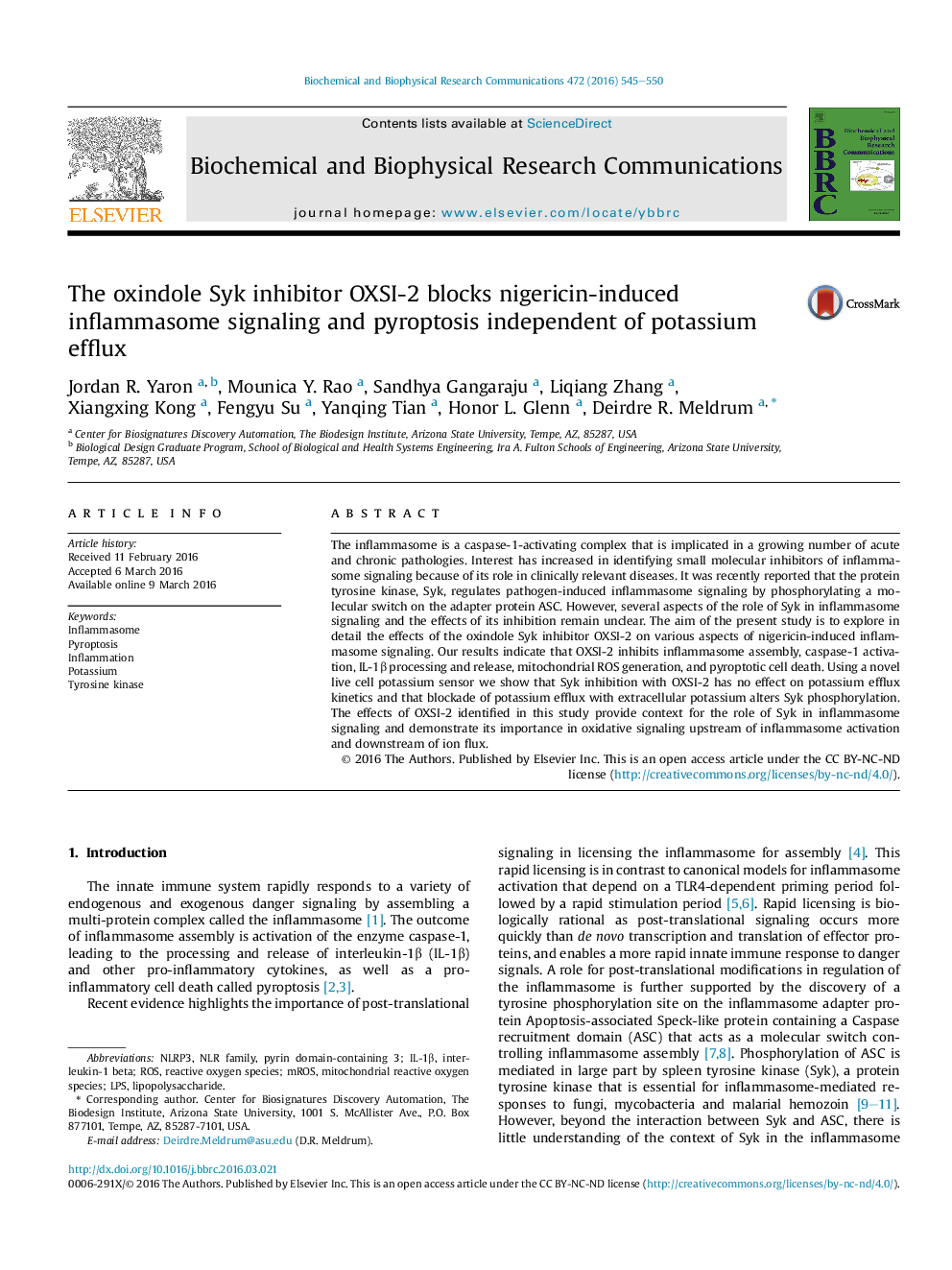 The oxindole Syk inhibitor OXSI-2 blocks nigericin-induced inflammasome signaling and pyroptosis independent of potassium efflux