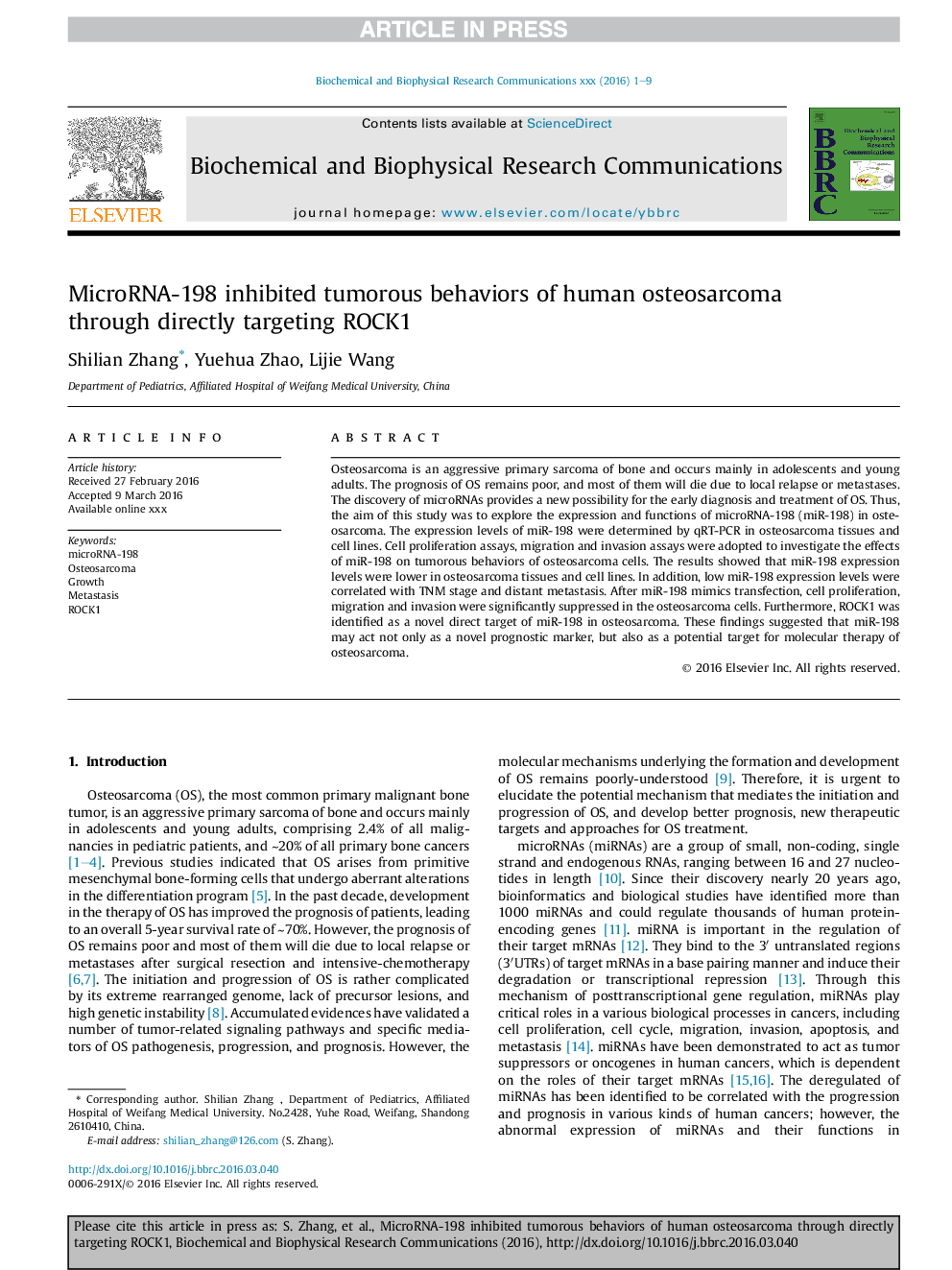 عکس صفحه اول مقاله: MicroRNA-198 inhibited tumorous behaviors of human osteosarcoma through directly targeting ROCK1 MicroRNA-198 inhibited tumorous behaviors of human osteosarcoma through directly targeting ROCK1