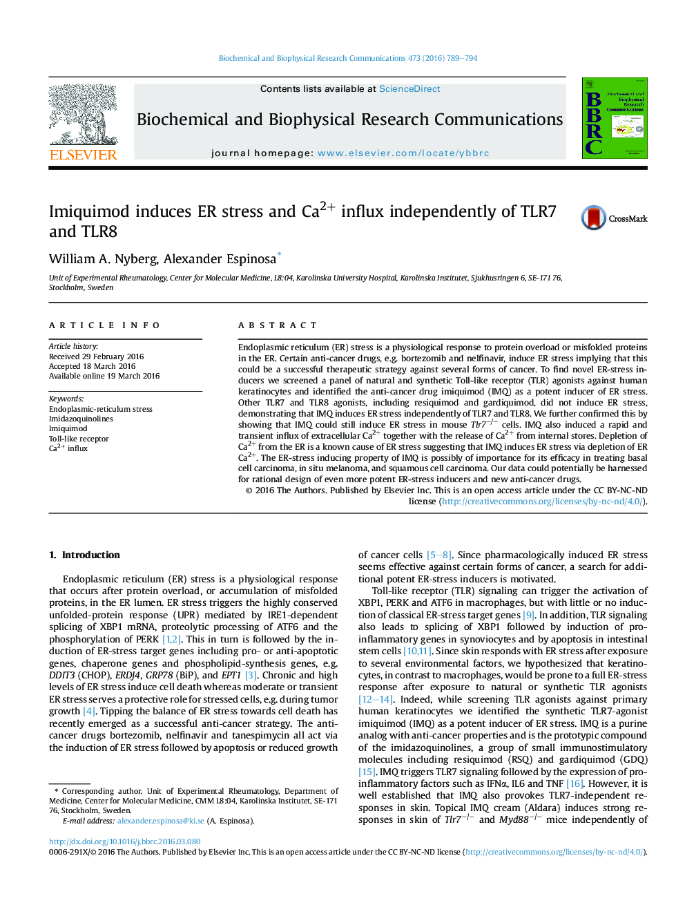 Imiquimod induces ER stress and Ca2+ influx independently of TLR7 and TLR8