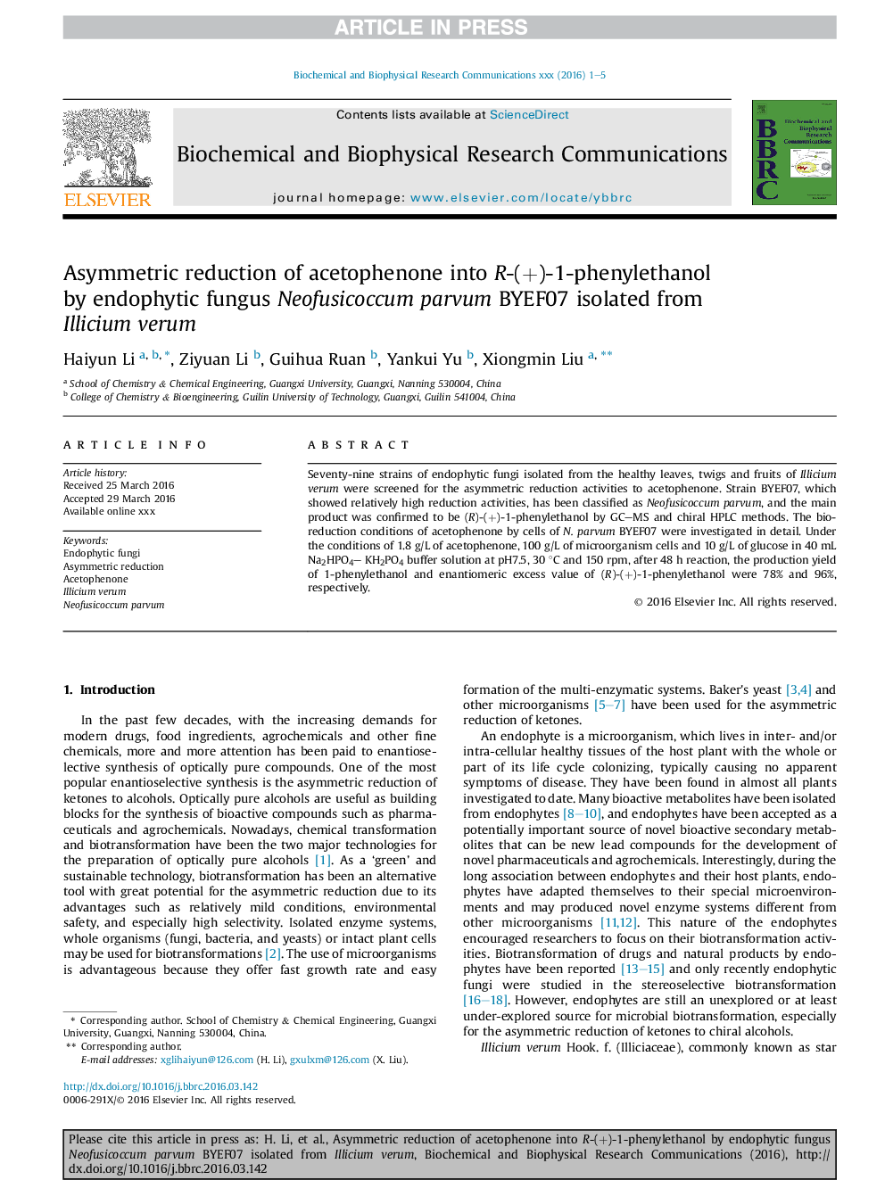 Asymmetric reduction of acetophenone into R-(+)-1-phenylethanol by endophytic fungus Neofusicoccum parvum BYEF07 isolated from Illicium verum