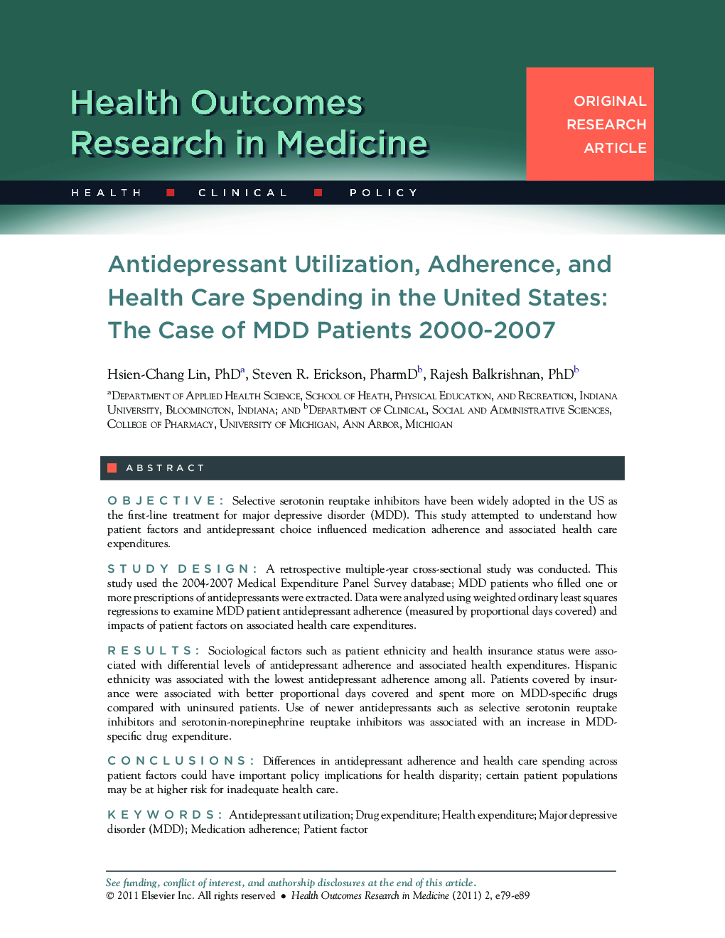 Antidepressant Utilization, Adherence, and Health Care Spending in the United States: The Case of MDD Patients 2000-2007