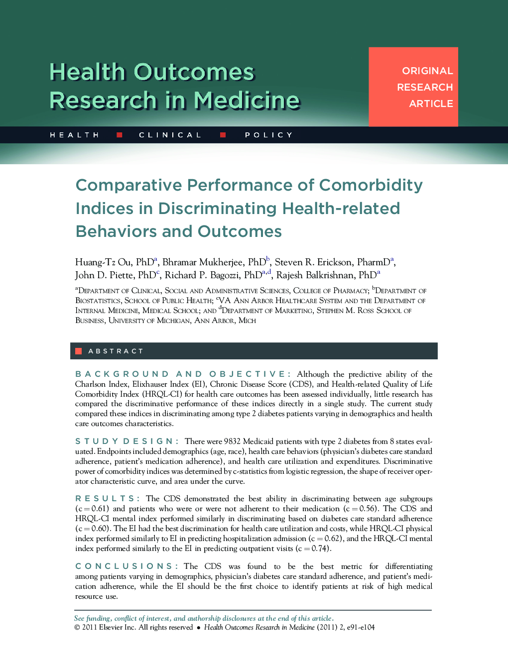 Comparative Performance of Comorbidity Indices in Discriminating Health-related Behaviors and Outcomes