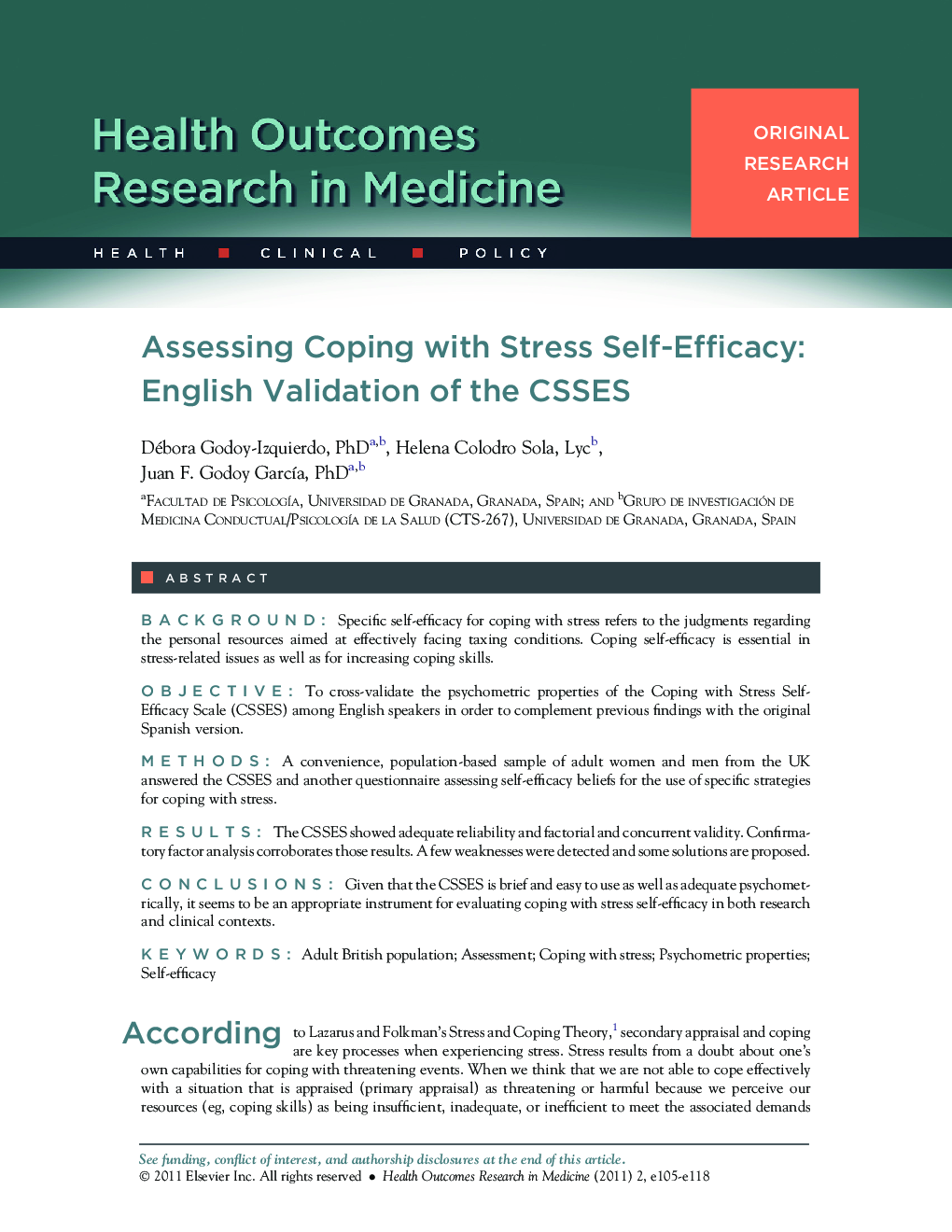 Assessing Coping with Stress Self-Efficacy: English Validation of the CSSES