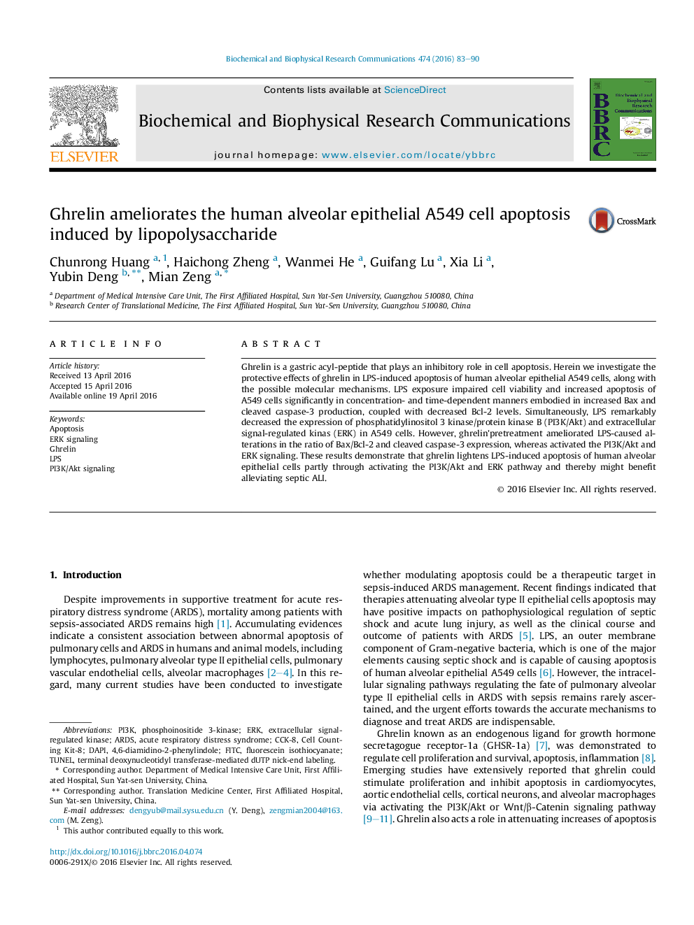 Ghrelin ameliorates the human alveolar epithelial A549Â cell apoptosis induced by lipopolysaccharide