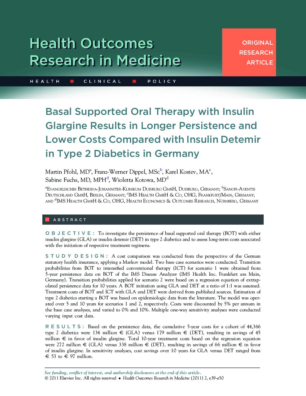 Basal Supported Oral Therapy with Insulin Glargine Results in Longer Persistence and Lower Costs Compared with Insulin Detemir in Type 2 Diabetics in Germany 