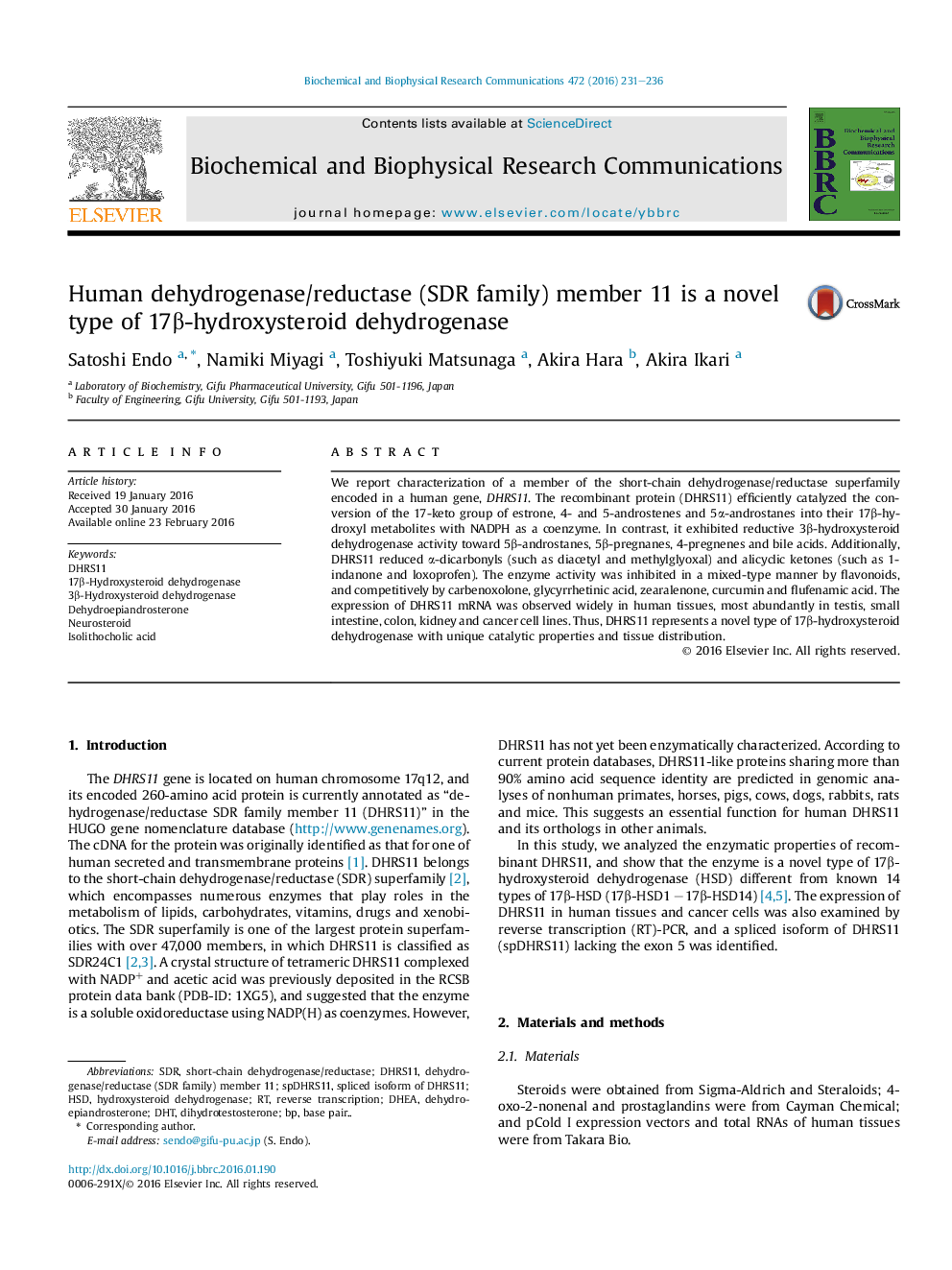 Human dehydrogenase/reductase (SDR family) member 11 is a novel type of 17Î²-hydroxysteroid dehydrogenase