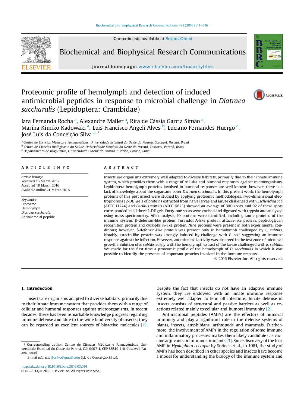 Proteomic profile of hemolymph and detection of induced antimicrobial peptides in response to microbial challenge in Diatraea saccharalis (Lepidoptera: Crambidae)