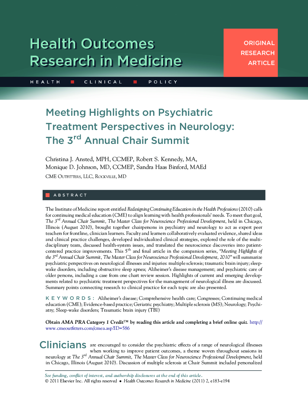 Meeting Highlights on Psychiatric Treatment Perspectives in Neurology: The 3rd Annual Chair Summit 