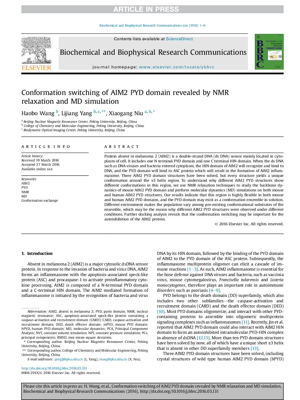 عکس صفحه اول مقاله: Conformation switching of AIM2 PYD domain revealed by NMR relaxation and MD simulation Conformation switching of AIM2 PYD domain revealed by NMR relaxation and MD simulation