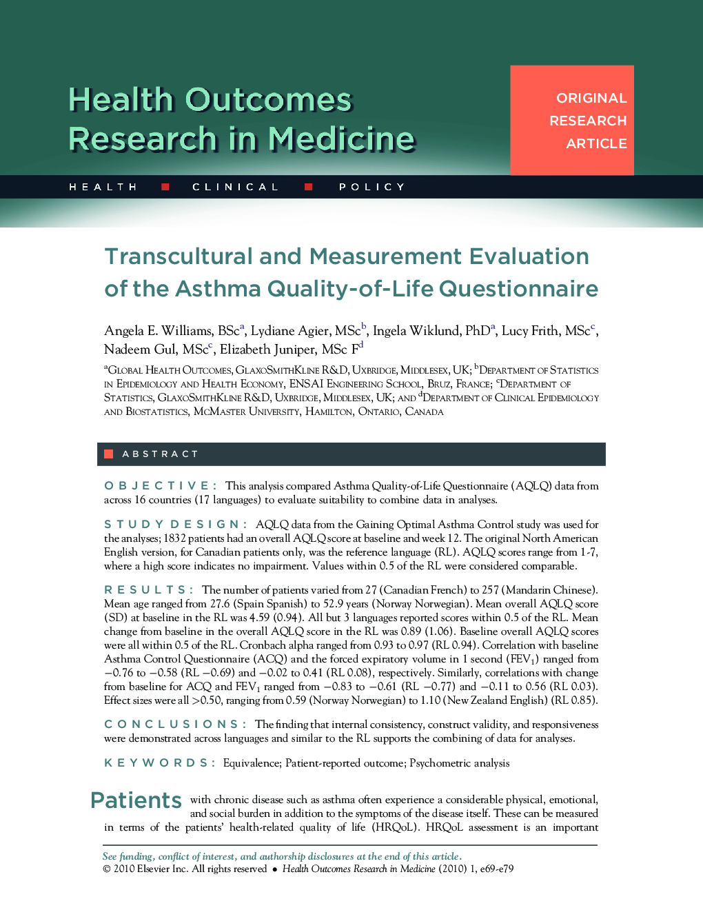 Transcultural and Measurement Evaluation of the Asthma Quality-of-Life Questionnaire 