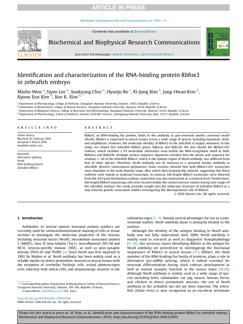 Identification and characterization of the RNA-binding protein Rbfox3 in zebrafish embryo