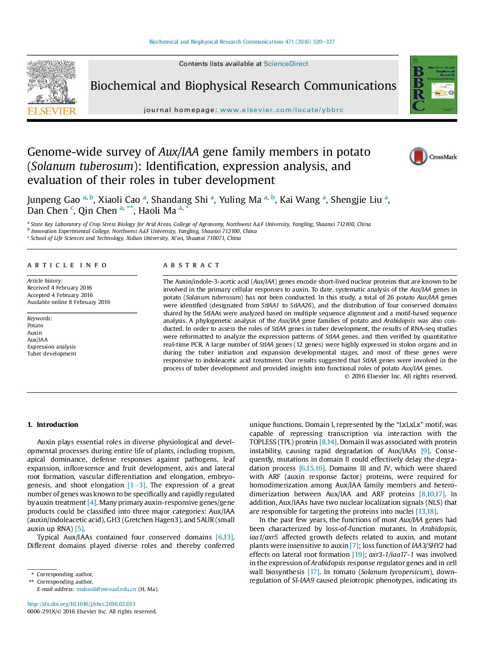 Genome-wide survey of Aux/IAA gene family members in potato (Solanum tuberosum): Identification, expression analysis, and evaluation of their roles in tuber development