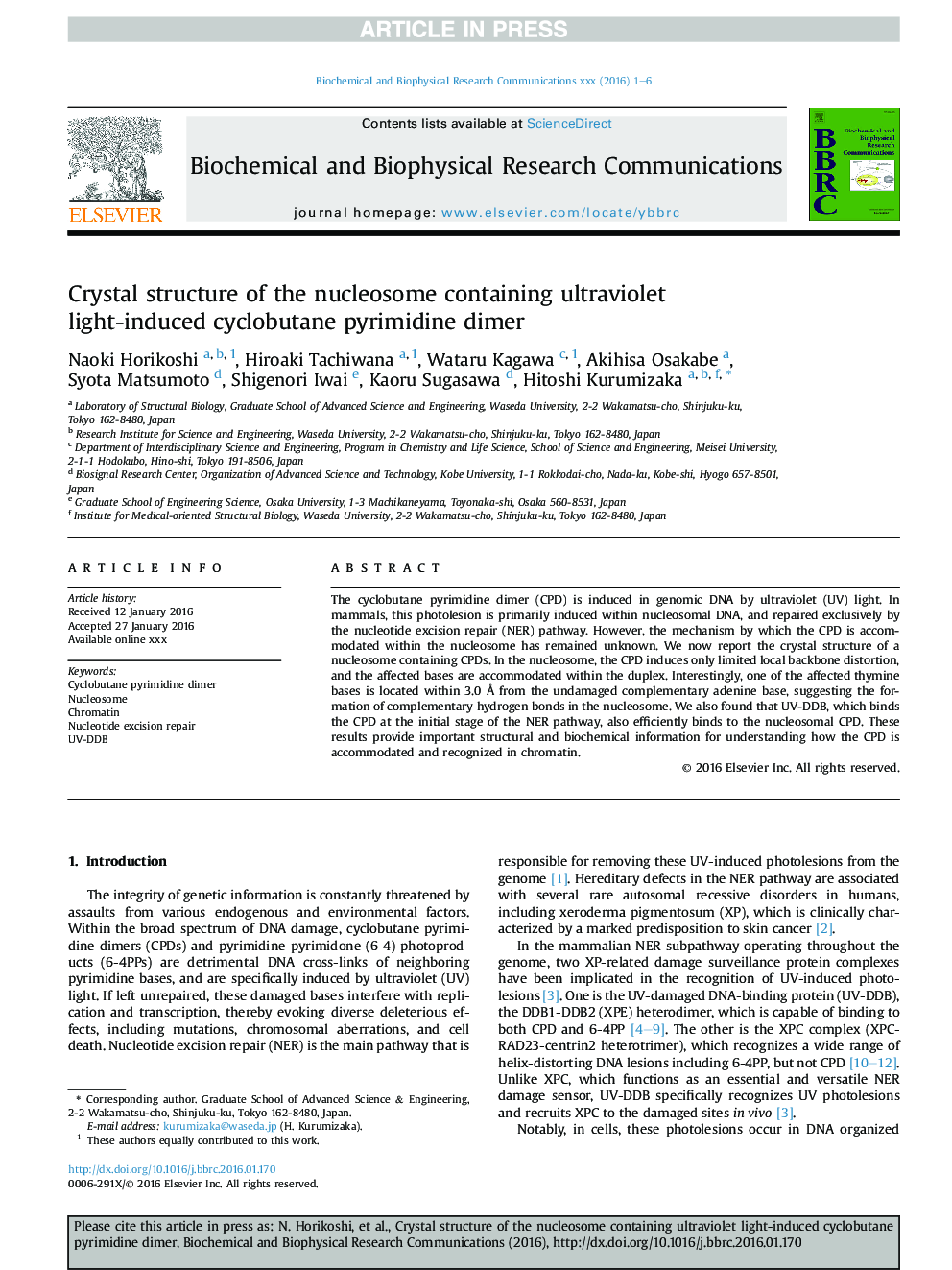 Crystal structure of the nucleosome containing ultraviolet light-induced cyclobutane pyrimidine dimer