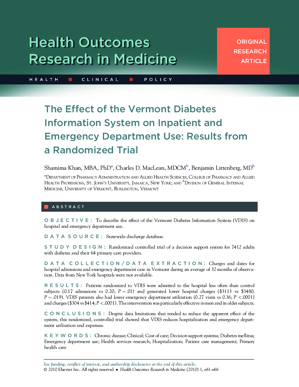 The Effect of the Vermont Diabetes Information System on Inpatient and Emergency Department Use: Results from a Randomized Trial 