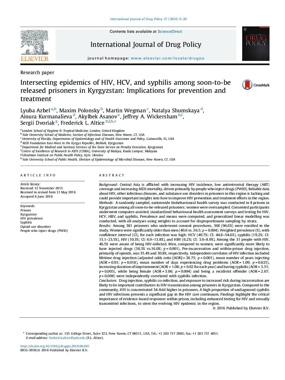 Intersecting epidemics of HIV, HCV, and syphilis among soon-to-be released prisoners in Kyrgyzstan: Implications for prevention and treatment