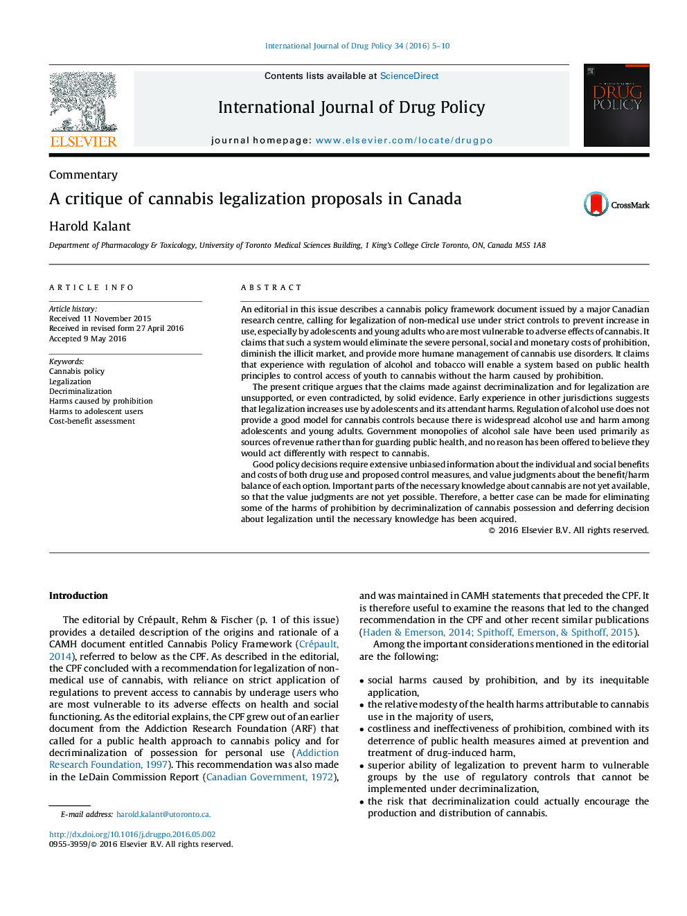 A critique of cannabis legalization proposals in Canada