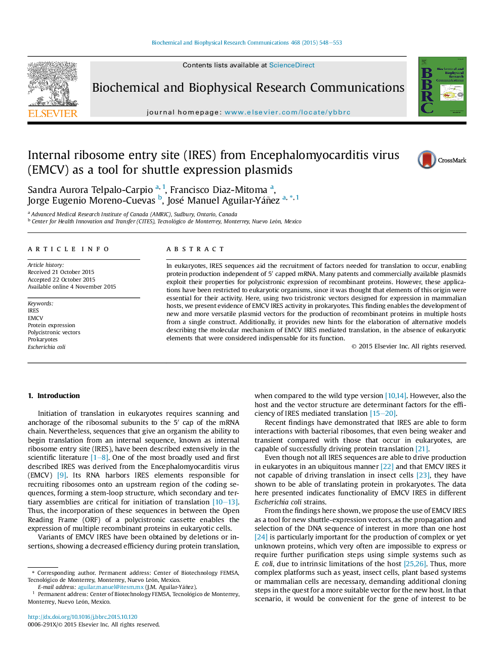 Internal ribosome entry site (IRES) from Encephalomyocarditis virus (EMCV) as a tool for shuttle expression plasmids