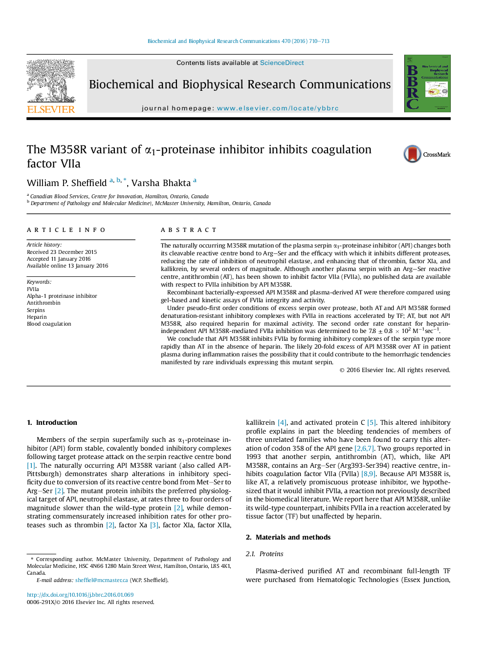 The M358R variant of Î±1-proteinase inhibitor inhibits coagulation factor VIIa